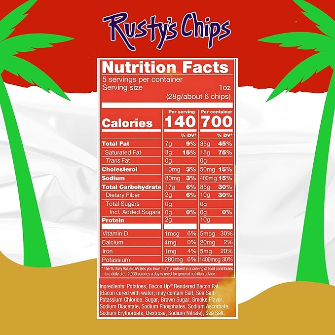 Bacon Up - Handmade Crunchy Healthy Potato Chips - No Preservatives, No Seed Oils, Gluten Free, Healthy Snacks for Adults - 5oz (4 Snack Packs) by Rusty's Chips