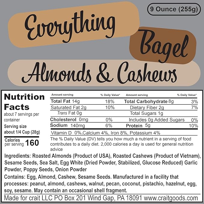 Everything Bagel Cashews and Almonds, Flavored Cashews, Flavored Almonds with Everything Bagel Seasoning 9 Ounce