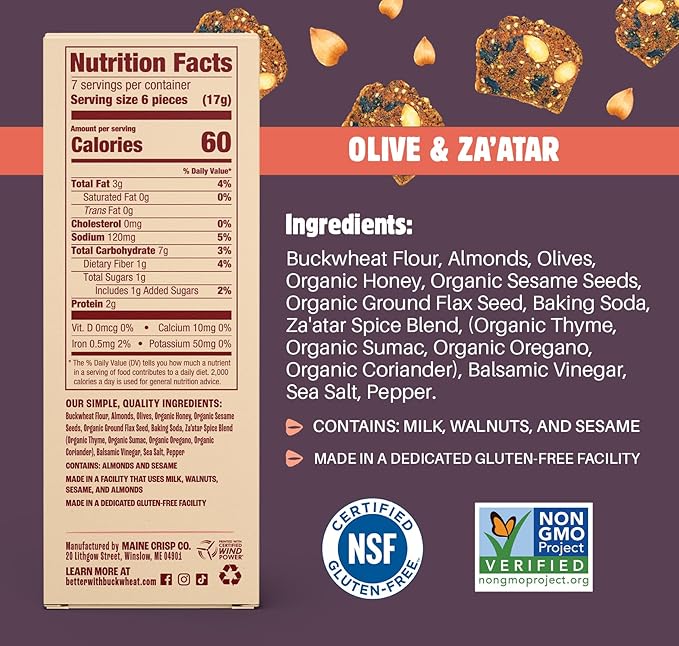 Maine Crisp Olive & Za'atar Crisps, 4 Pack, Gluten Free Crackers - Snack Crackers, Grain Free, Non-GMO - Sweet & Savory Flavor, For Cheese Boards, Salad Toppings & Jams
