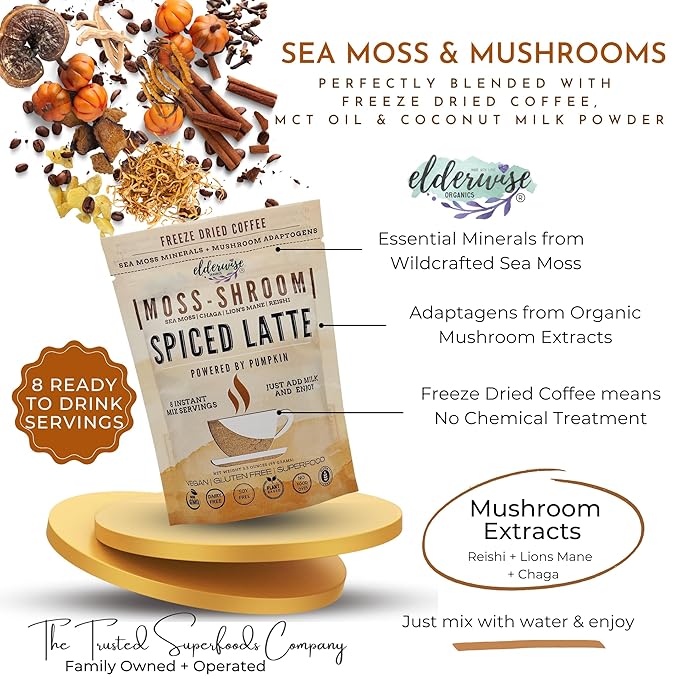 Elderwise Organics Coffee Spiced Latte | Powered by Pumpkin & Mushrooms | Sea Moss, Chaga, Lion's Mane, Reishi | 8 Servings - Freeze Dried Instant - Chemical free - Fair Trade