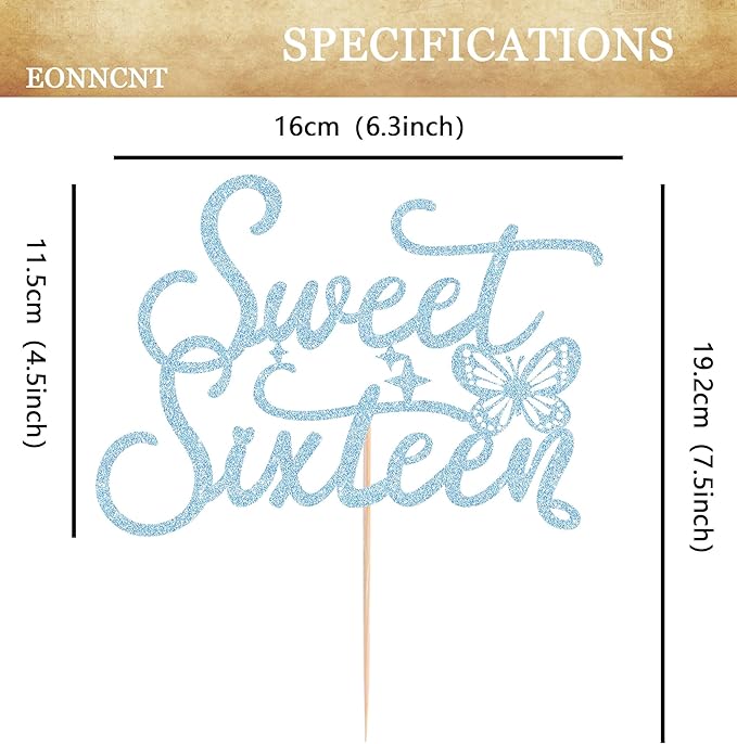 Sweet Sixteen Cake Topper - Blue Glitter Butterfly Theme Sweet 16 Birthday Cake Decorating Supplies for Girls, Sweet 16 Cake Topper for Happy 16th Birthday Anniversary Party Supplies Photo Booth Props