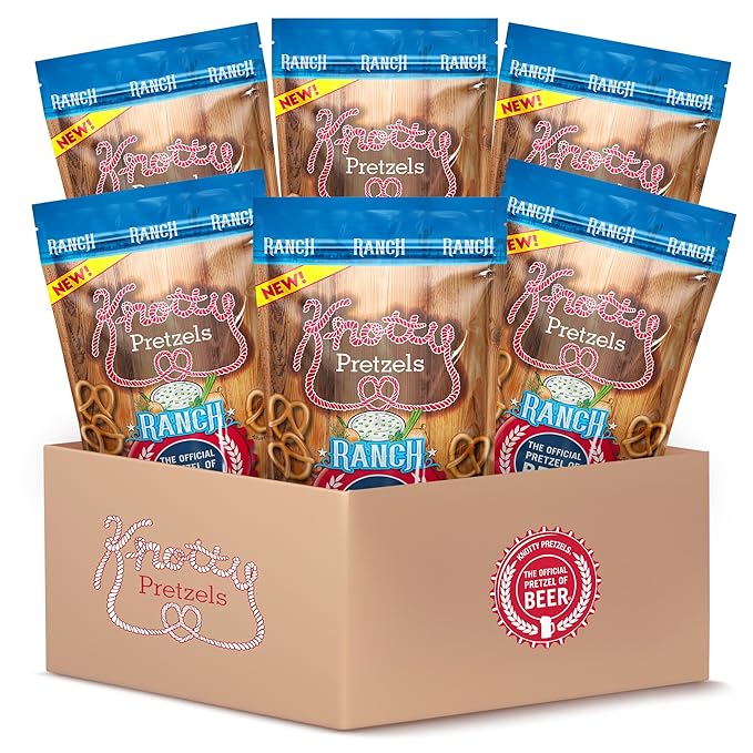 Knotty Pretzels ?쏷he Official Pretzel of Beer??7.5 oz Individual Seasoned Pretzels in Resealable Pretzel Snack Bags, The Perfect Pairing for Beer, Ranch Flavor (6-Pack)