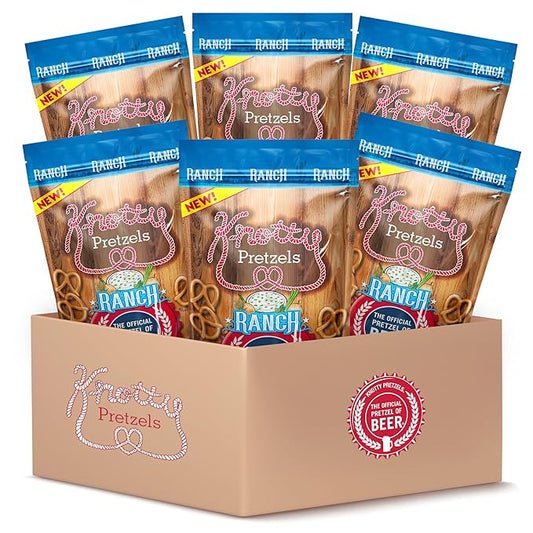 Knotty Pretzels ?쏷he Official Pretzel of Beer??7.5 oz Individual Seasoned Pretzels in Resealable Pretzel Snack Bags, The Perfect Pairing for Beer, Ranch Flavor (6-Pack)