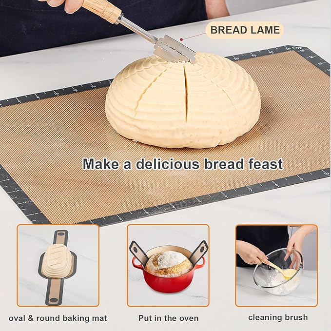 Banneton Bread Proofing Basket Set, 10 In Oval and 9 in Round Proofing Basket, Sourdough Bread Baking Supplies, Silicone Baking Mat, Danish Dough Whisk, Perfect Baker's Gift Set