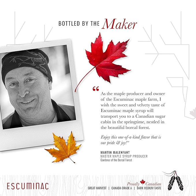 Escuminac Organic Canadian Maple Syrup ??Great Harvest, Medium Rich Taste, 33.8 fl oz Family Size Bottle ??100% Pure, Grade A, Single Origin from Quebec