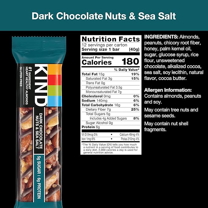 KIND Nut Bars, Dark Chocolate Nuts and Sea Salt, Healthy Snacks, Gluten Free, Low Sugar, 6g Protein, 24 Count (Pack of 3)
