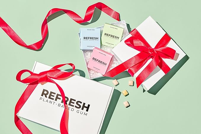 Refresh Gum, Xylitol, Natural, Sugar Free, Long Lasting, Plastic Free, Natural Flavors & Organic Ingredients, Plant-Based, Non GMO, Peppermint, Garden Mint & Raspberry Variety Pack, 12 Pcs, 6 Pack