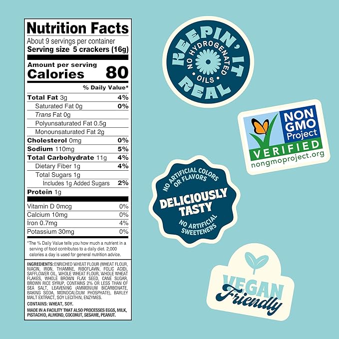 Back to Nature Stoneground Wheat Crackers, Non-GMO, Vegan Friendly Snack Cracker, Made with Whole Grains & Flax Seed, Snack Happy, 5oz Box