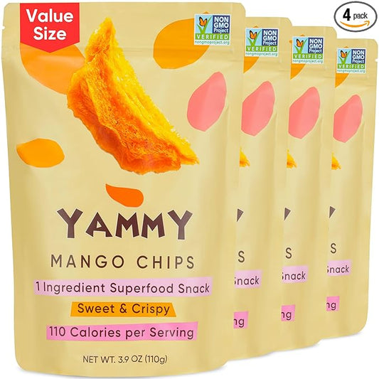 Yammy Dried Mango Chips Like Freeze Dried Fruit, No Sugar Added Crispy Dry Slices of Mangoes, Unsweetened Dehydrated Healthy Snack, Low Calorie Vegan Gluten Free, Individual Packs (3.9oz Pack of 4)