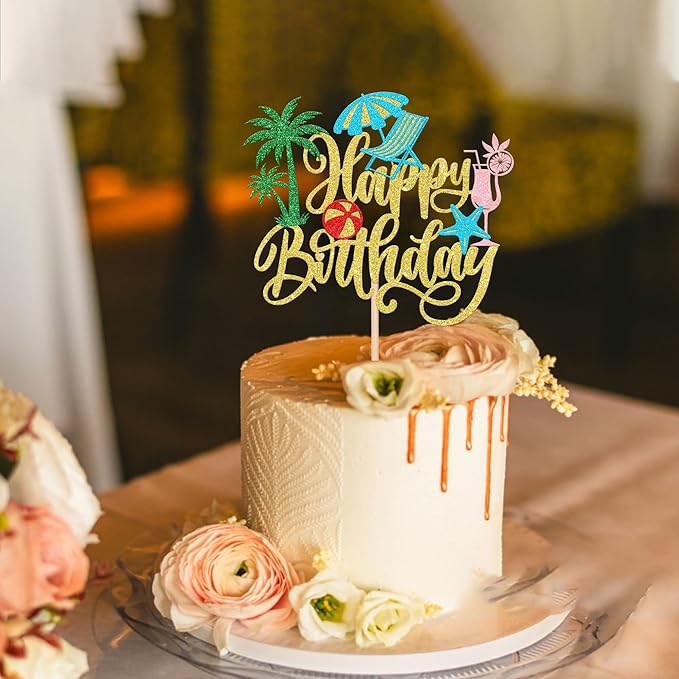 Rsstarxi 1 Pack Summer Beach Happy Birthday Cake Topper Chair Ball Umbrella Palm Tree Cupcake Picks Pool Birthday Cake Decorations for Summer Hawaiian Birthday Party Supplies Gold