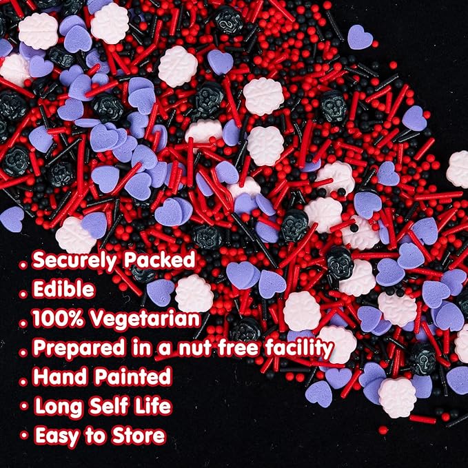 Edible Halloween Sprinkles,Purple Heart Pink Brain and Black Skull Monster, Red Black Pearls and Jimmies Mixed,130g/4.58ounce ,Perfect for Cake Decorations, Baking, Ice Cream, Cookies, Cupcake Topper,Halloween Supplies Children's Party