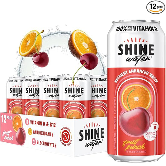 ShineWater Vitamin D Hydration Electrolyte Drink - Flavored water with electrolytes, Sugar-Free, Magnesium, Zinc, Vitamin B12, Folic Acid, Plant-Based, Low Calorie - Fruit Punch Fruit Water 12 Pack