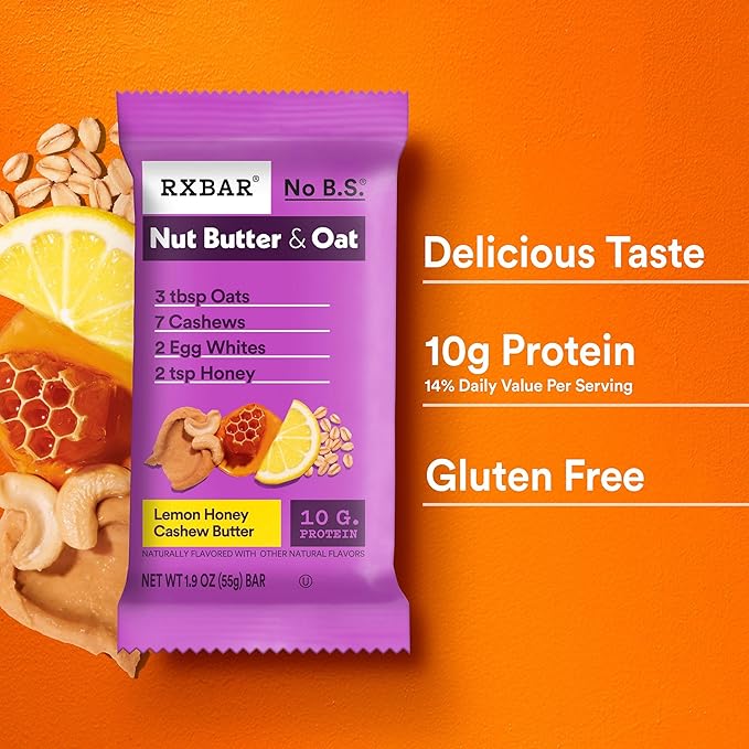 RXBAR Nut Butter and Oat Protein Bars, Protein Snacks, Snack Bars, Lemon Honey Cashew Butter, 23.2oz Box (12 Bars)