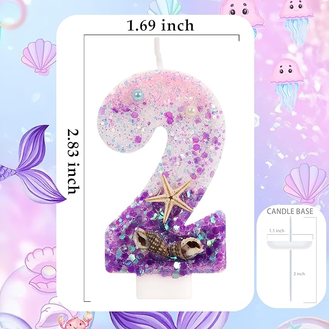 Purple Mermaid Party Number 2 Cake Candles, 2.76 inch Birthday Candle, Cake Topper Decoration for Birthday Party (Number 2)