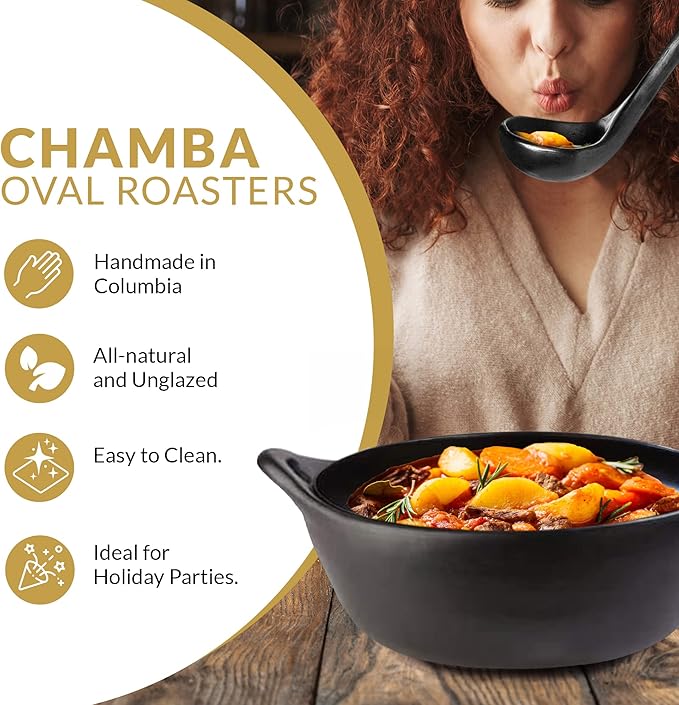 Authentic Chamba Covered Oval Roaster-Elegant, All-Natural Black Clay Casserole for Braising, Roasting, Baking Chicken, Roasts - Stovetop & Oven Safe ??Handmade in Colombia - Large 4.5 qt.