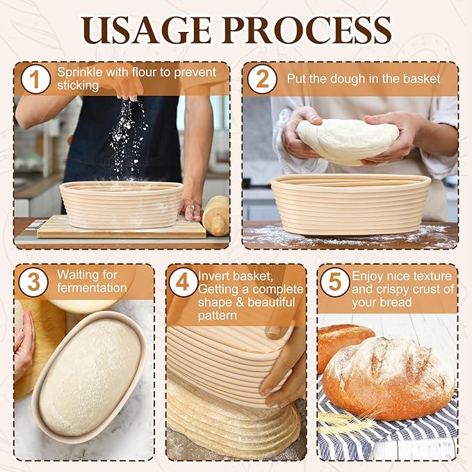 P&P CHEF Sourdough Bread Proofing Basket Set of 4, 10 Inch Oval Dough Proofing Bowls, Sourdough Bread Baking Supplies for Bakers, Handmade Rattan Baskets with Cloth Liner