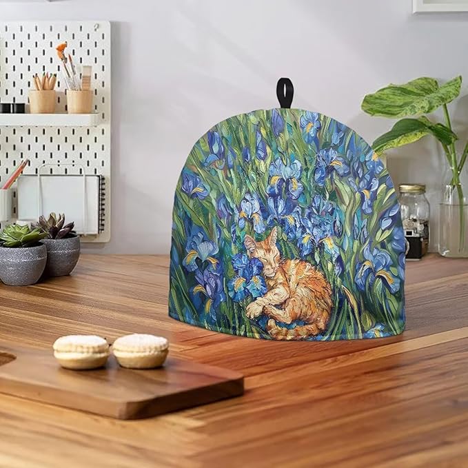 Cute Iris Cat Tea Cosy for Teapot with Handle Kitchen Kettle Dust Cover for Keeping Warm Machine Washable Tea Cosy Fabric Quilted Padding