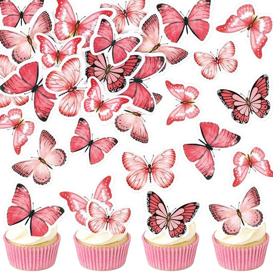48Pcs Edible Butterfly Cupcake Toppers Double Layer Butterfly Decorations for Women's Happy Birthday Cake Decorations Party Decorations
