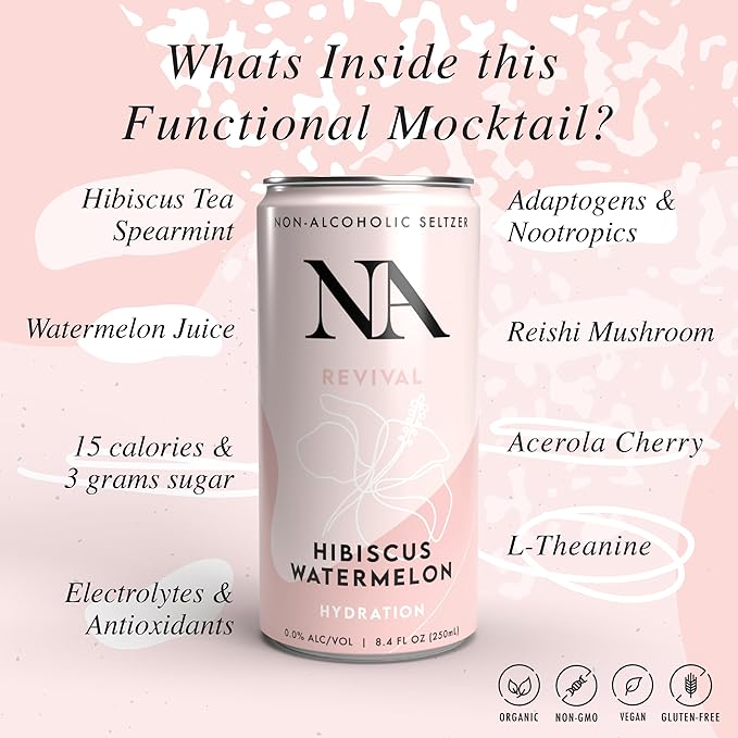 NA Functional Non-Alcoholic Drinks with Mushrooms & L-Theanine | Sea Salt for Hydration | Low Sugar, Low Calorie Adaptogen Social Tonic, Hibiscus Tea and Watermelon Mocktail, 8.4oz Cans (12 Pack)