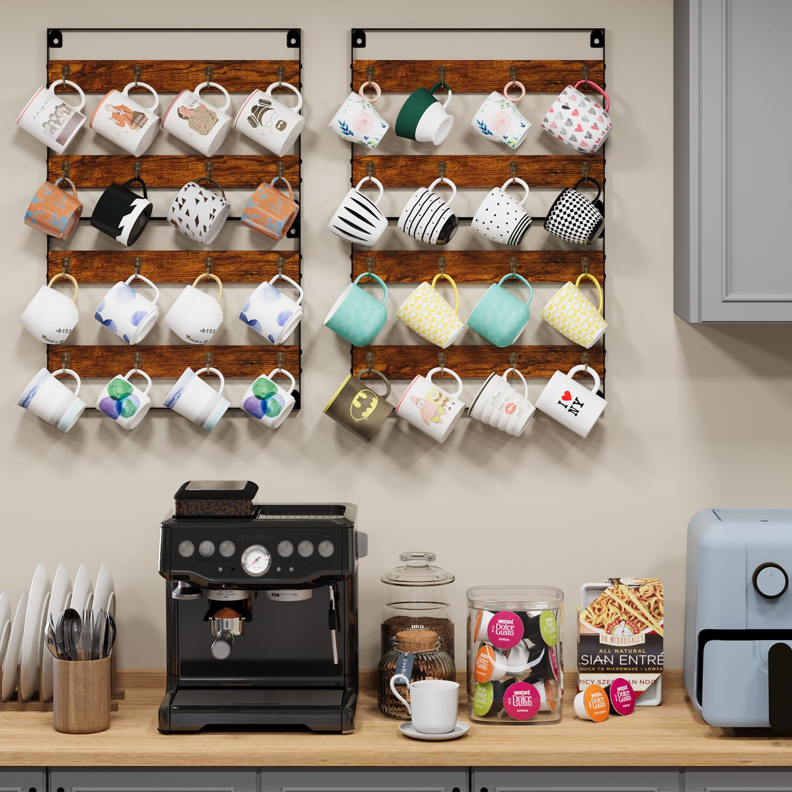 Huxitocan Wall Mount Coffee Mug Holder - Rustic Wood and Iron, Holds Up to 24 Mugs (3Pack) for