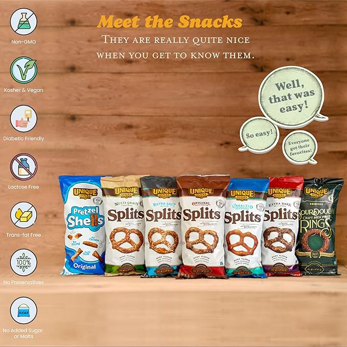 Unique Snacks Sprouted Pretzel Shells, Delicious Homestyle Baked Snack Bag, Vegan, OU Kosher, and Non-GMO Food, No Artificial Flavor, 8 Oz. Bag, Pack of 12