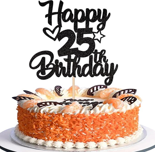 1 Pack Happy 25th Birthday Cake Topper Glitter Heart Star 25 Fabulous Cake Pick Birthday Sign Cake Decorations for Children 25th Birthday Theme Party Supplies Black