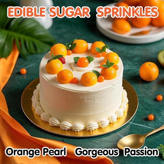 Edible Orange Pearls Sprinkles,Fall and Halloween Harvest Pearl Sugar Sprinkles,Mix Size,130g/4.58oz,Baking Edible Cake Decorations,Pastel Decorating,Cupcake Toppers,Cookie Decorating Donuts Ice Cream Toppings,Wedding Party Christmas Supplies