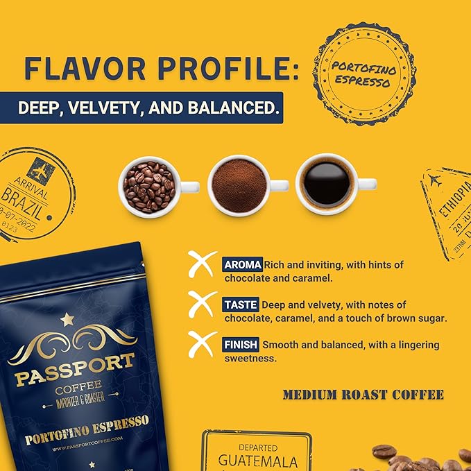 Passport Coffee Portofino Espresso ??Medium-Light roast blend from Ethiopia, Costa Rica, Guatemala & Brazil. Flavor notes of caramel & brown sugar. Premium whole bean coffee,12oz Bag