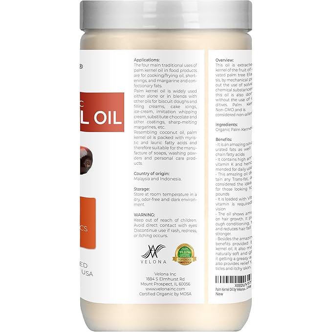 velona USDA Certified Organic Palm Kernel Oil - 64 Fl Oz | 100% Pure and Natural Carrier Oil | Refined, Cold Pressed