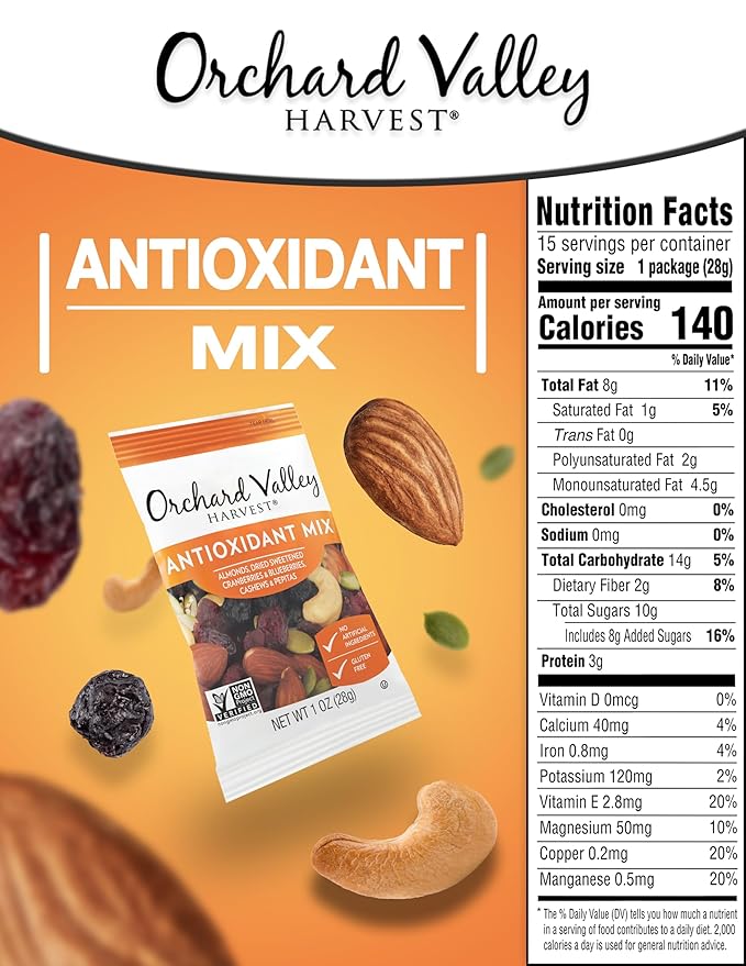 Orchard Valley Harvest Antioxidant Mix, 1 Ounce Bags (Pack of 15), Almonds, Cranberries, Blueberries, Cashews, and Pepitas, Non-GMO, No Artificial Ingredients, Healthy Snacks for Adults