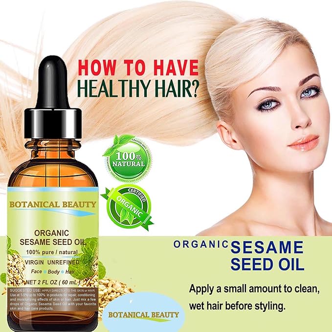 Organic SESAME SEED OIL 100% Pure Natural Virgin Unrefined Undiluted Cold Pressed Carrier Oil for Face, Skin, Body, Hair, Massage, Nails. 2 Fl. oz - 60 ml by Botanical Beauty
