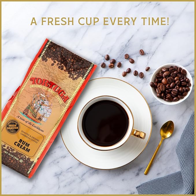 TORTUGA Caribbean Rum Cream Flavored Coffee- Roasted and Ground Coffee 10oz - The Perfect Premium Gourmet Gift for Gift Baskets, Parties, Holidays, and Birthdays