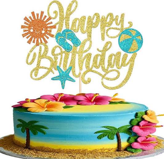 Rsstarxi 1 Pack Summer Beach Happy Birthday Cake Topper Slippers Sun Umbrella Starfish Summer Pool Cake Pick for Hawaiian Holiday Pool Theme Birthday Party Cake Decorations Gold