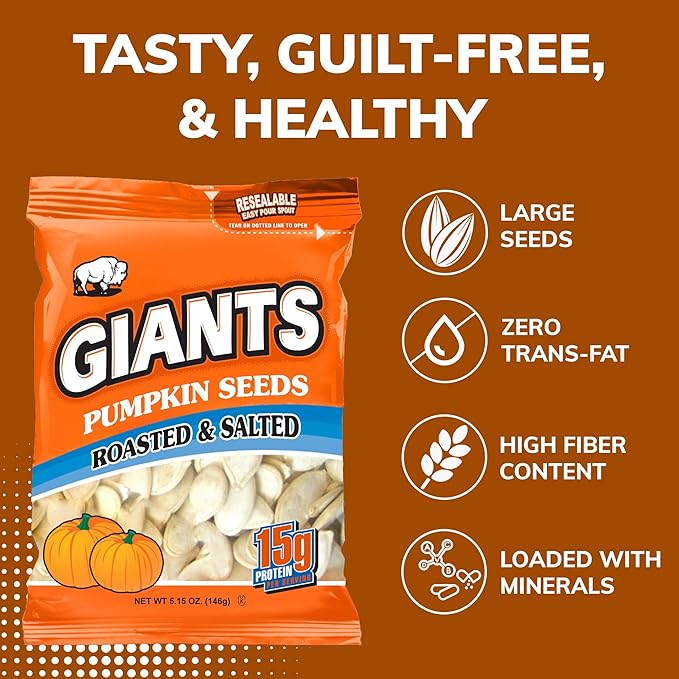 GIANTS Pumpkin Seeds - Pumpkin Seeds in Shell, Pumpkin Seeds to Eat, Roasted and Salted, Whole Pumpkin Seeds with Shell, High Protein Snack with 15g Protein Per Serving - 5.15 oz (Pack of 2)