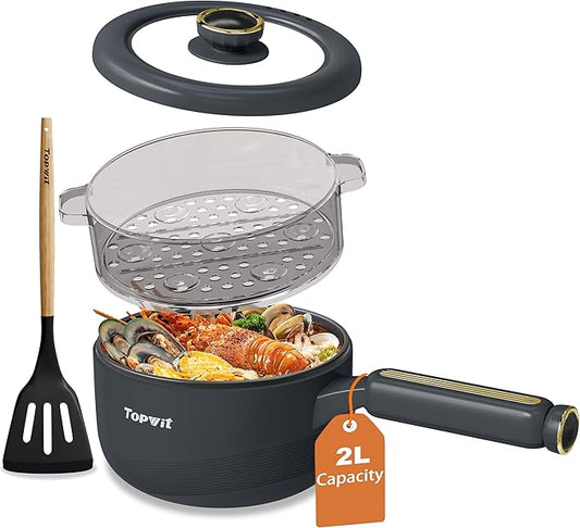 TOPWIT Hot Pot Electric with Steamer, 2L Multifunctional Electric Pot, Non-Stick Saut챕 Pan, Portable Pot for Steak, Fried Rice, Ramen, Soup with Dual Power Control (Silicone Spatula Included), Grey