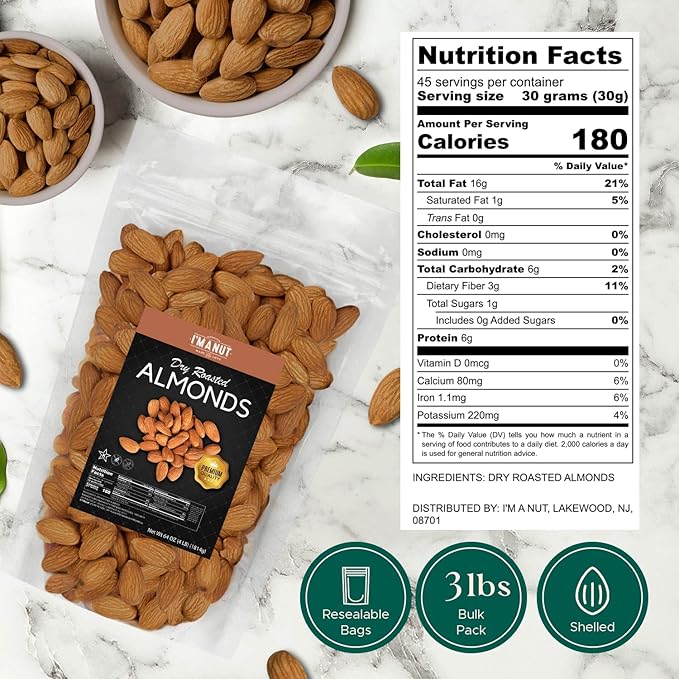 Dry Roasted Almonds Unsalted 48 oz (3 lbs) Batch Tested Gluten & Peanut Free | No Oil | Whole | No PPO | Non-GMO | No Herbicide | Healthy Protein Boost | Premium Quality | Try the difference