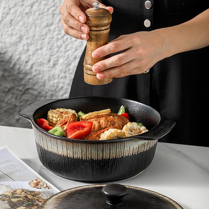 KOOV Ceramic Casserole Dish with Lid Oven Safe, 2 Quart Casserole Dishes, Covered Round Casseroles Dishes, 9 inch Baking dish With Lid, Deep Casseroles Cookware Set, Stripe Series (Rough Black)
