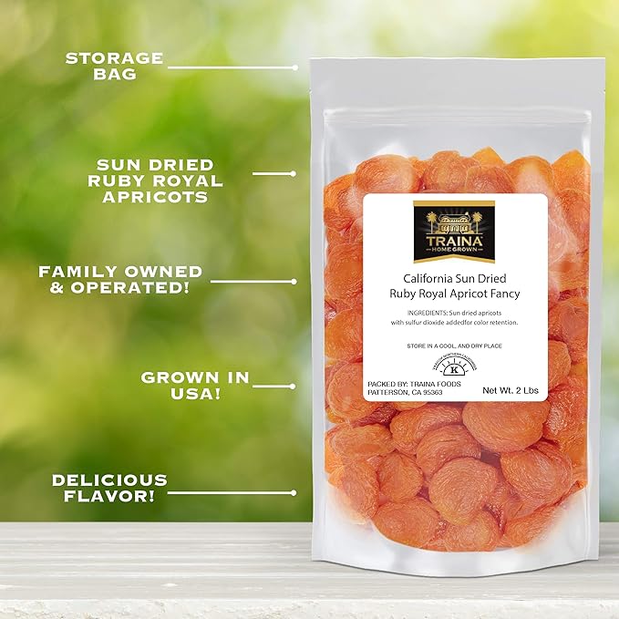 Traina Home Grown California Sun Dried Ruby Royal Apricot Halves - SEASONAL/LIMITED - Healthy, No Sugar Added, Non GMO, Gluten Free, Kosher Certified, Vegan, Packed in Resealable Pouch (2 lbs)