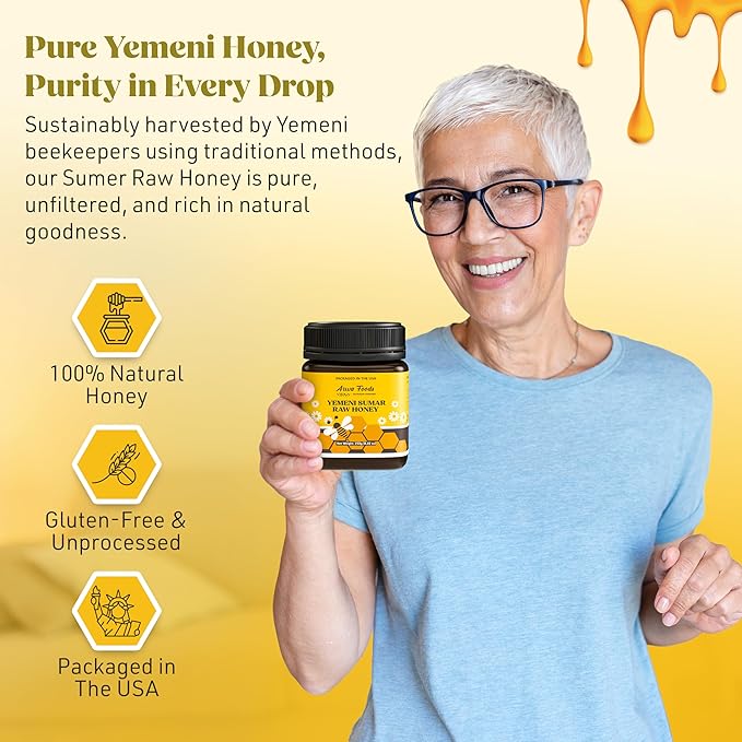 Arwa Foods Yemeni Al-Samar Raw Honey - Royal Yemeni Raw Organic honey from Wadi of Douan - 100% Unfiltered, Raw & Pure Honey for Men and Women - Sealed & Packaged in USA (8.82 oz)
