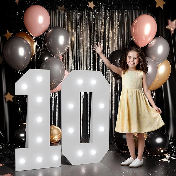 Imprsv Marquee Numbers Large 10th-Birthday Decorations: 3ft Light Up Number Balloon for Party Big 10 Year Old Girl Boy Birthday Decoration Anniversary Foam Board Wall