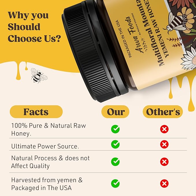 Arwa Foods Multifloral Mountain Yemeni Raw Honey - Royal Yemeni Raw Organic honey from Wadi of Douan - Sealed & Packaged in USA - 100% Unfiltered, Raw & Pure Honey (8.82 oz)