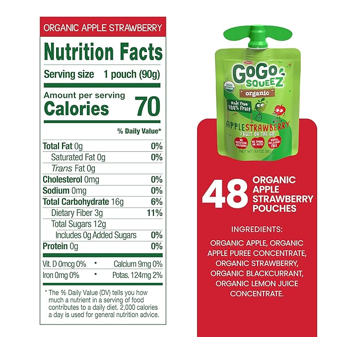 GoGo squeeZ Organic Applesauce and Fruit Puree Apple Strawberry, 3.2 oz (Pack of 48), Unsweetened Organic Fruit Snacks for Kids, Gluten Free, Nut Free and Dairy Free, Recloseable Cap, BPA Free Pouches