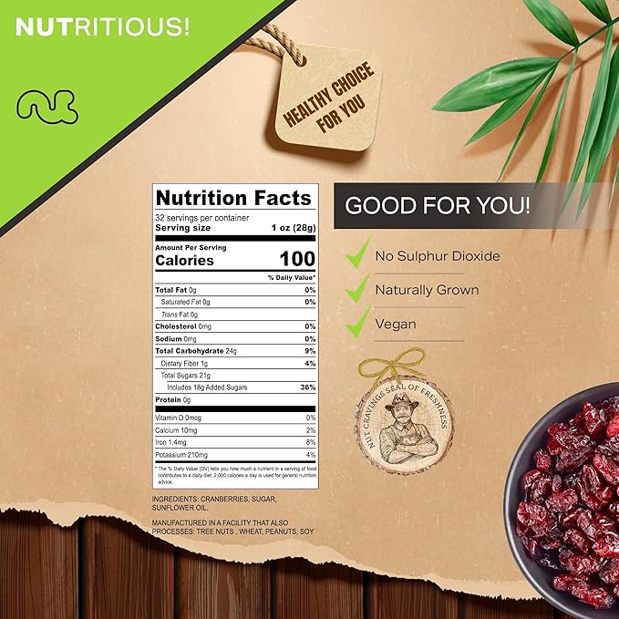 NUT CRAVINGS - Sun Dried Whole Cranberries, Lightly Sweetened, Unsulphured (32oz, 2 LB) Bulk Dry Fruits Packed Fresh in Resealable Bag - Sweet Healthy Snack, Naturally Grown, Vegan, Kosher