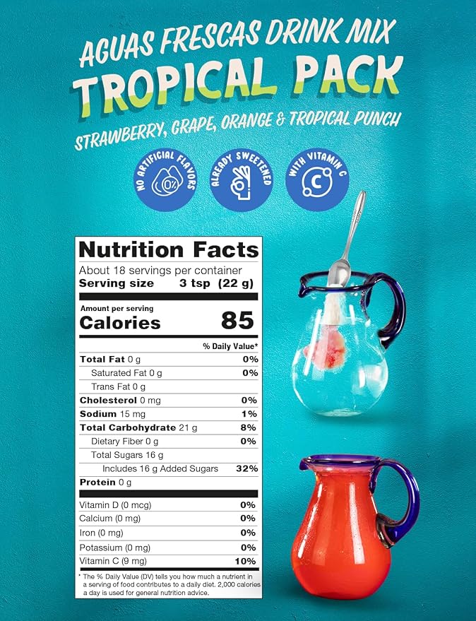 Klass Aguas Frescas | Drink Mix Tropical Variety Pack | Strawberry , Grape, Tropical Punch & Orange Drinks Flavors | From Natural Sources, No Artificial Flavors, With Vitamin C (Makes 7 to 9 Quarts) 14.1 Oz Family Pack (4-Pack)
