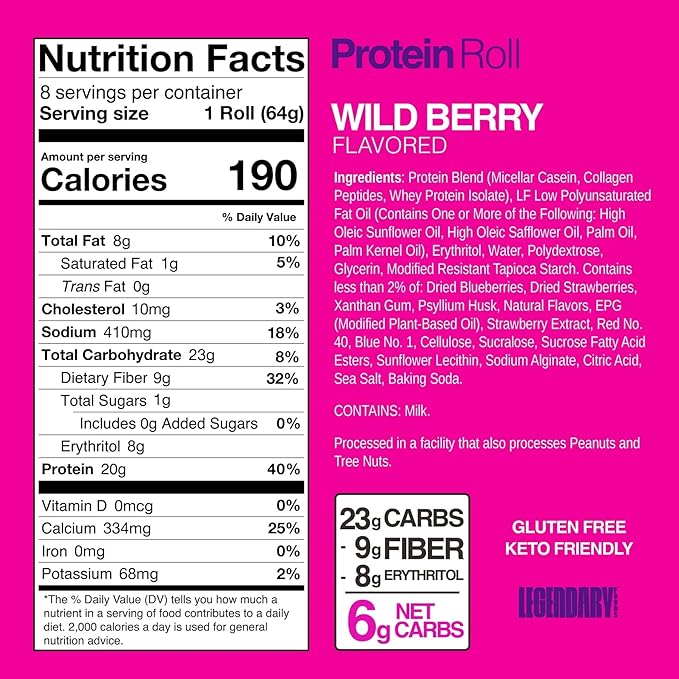 Legendary Foods 20g Protein Wild Berry Sweet Roll - Premium High Protien Bars, Low Carb Meal Replacement Snack, Low Glycemic Index, Gluten Free Snacks - Zero Sugar, Keto and Diabetic Friendly 8-Pack