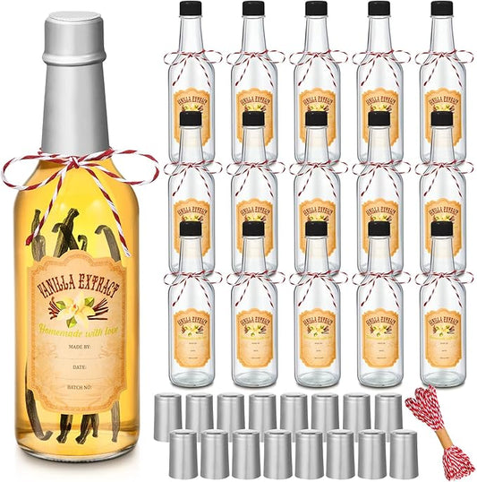 Tioncy 16 Pcs Vanilla Extract Bottles for Homemade Vanilla Jar Glass Bottle with Cap, Shrink Band, Sticker Syrup Gift Food Storage Canister for Bean Sauce Spice(Silver,8.5 oz)