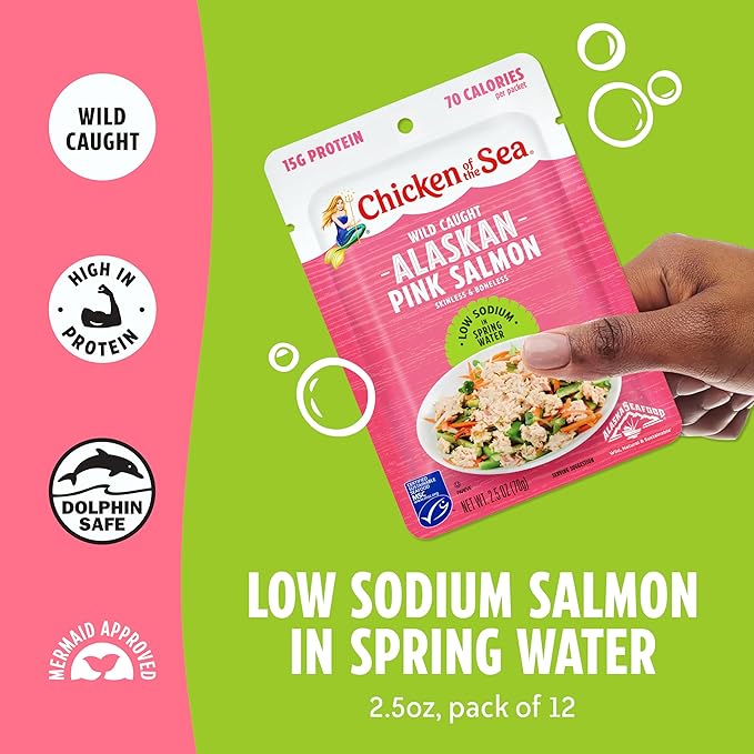 Chicken of the Sea Alaskan Pink Salmon, 2.5 oz. Packets (Box of 12), Wild Caught Salmon, Skinless & Boneless, Low Sodium