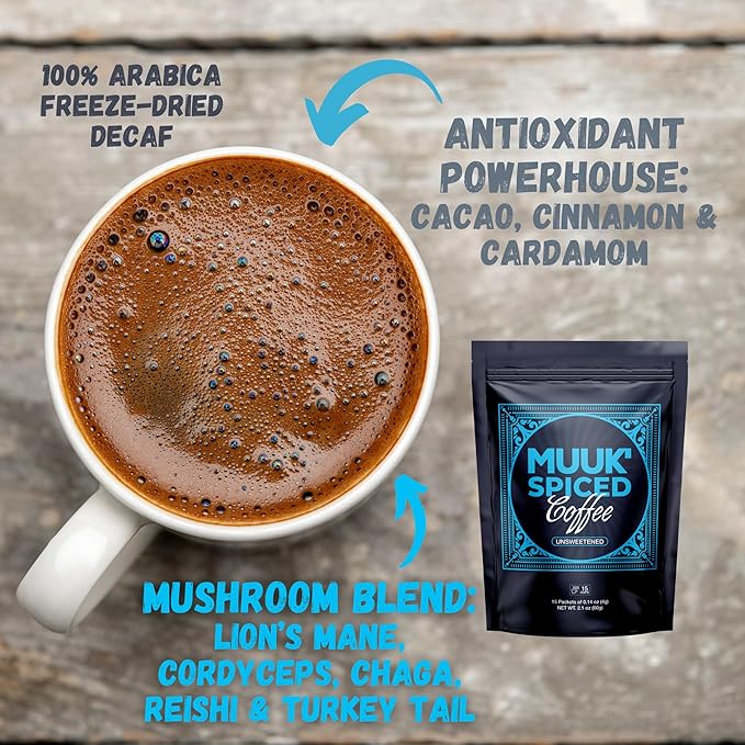 MUUK' SPICED COFFEE | Organic Mushroom Coffee | Cacao, Cinnamon & Cardamom | Adaptogen Mushroom Blend | Better Focus, More Energy and Stronger Immune Defense | 15 CUPS