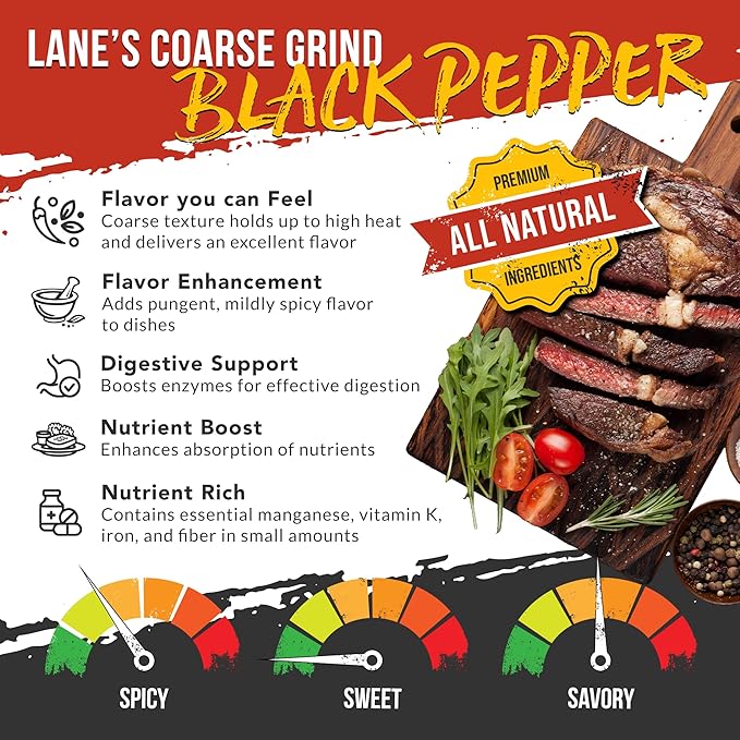 Lane's 16 Mesh Ground Pepper Seasoning, All-Natural Coarse Black Pepper Ground Spice, No Preservatives Coarse Ground Black Pepper, Made in USA, 8 Oz