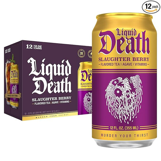 Liquid Death, Slaughter Berry Flavored Iced Tea, 12-Pack (12 oz Cans), Raspberry Flavored Black Tea, Low Calorie, No Artificial Sweeteners, B12 & B6 Vitamins
